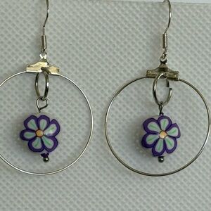 Hand Crafted Purple Flower Hoop Earrings